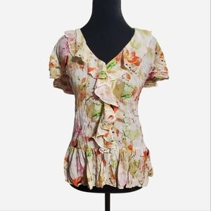 VTG Y2K Belissimo Ruffle water color Top Flutte Sleeve Size L Fairy Peplum Artsy